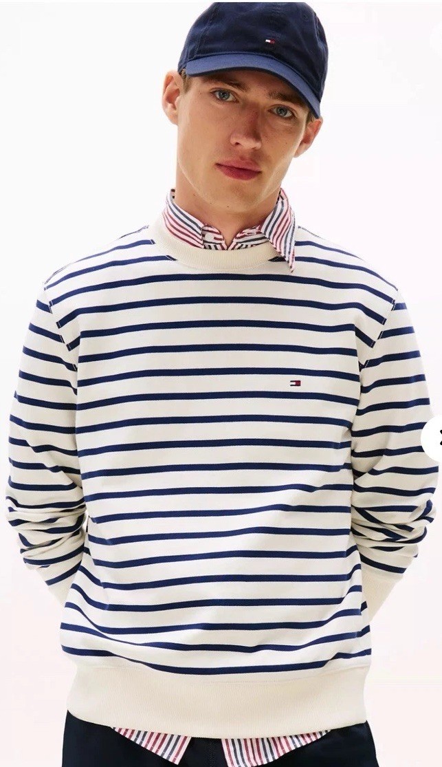 Tommy Hilfiger Essential Stripe Sweater White Suede Navy Men’s LARGE New