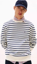 Tommy Hilfiger Essential Stripe Sweater White Suede Navy Men  s LARGE New