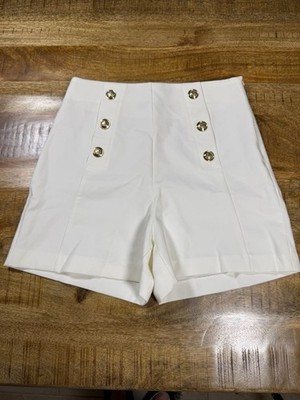 Zara Womens White High Waisted Shorts Gold Button Nautical Size M 28