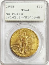 1908 NO MOTTO GOLD US $20 DOLLAR SAINT GAUDENS COIN PCGS MINT STATE 64 GEN 1 