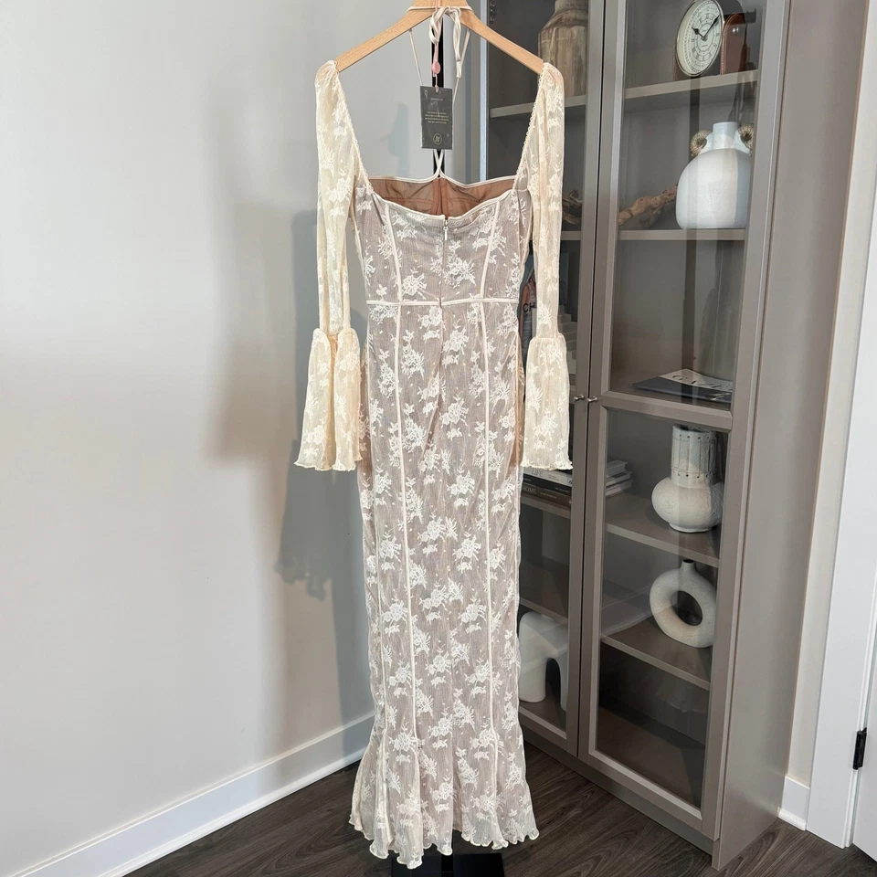 House of CB Delilah Vintage Cream Dotted Lace Romantic Maxi Dress L Long Sleeve - Image 4 of 4