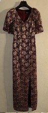 Women’s Burgundy Gold Floral Satin Maxi Dress V-Neck Short Sleeve Slit Size L