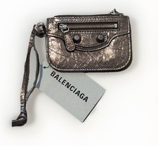 Balenciaga Metallic Silver City Crinkle Leather Wristlet Card Holder NWT