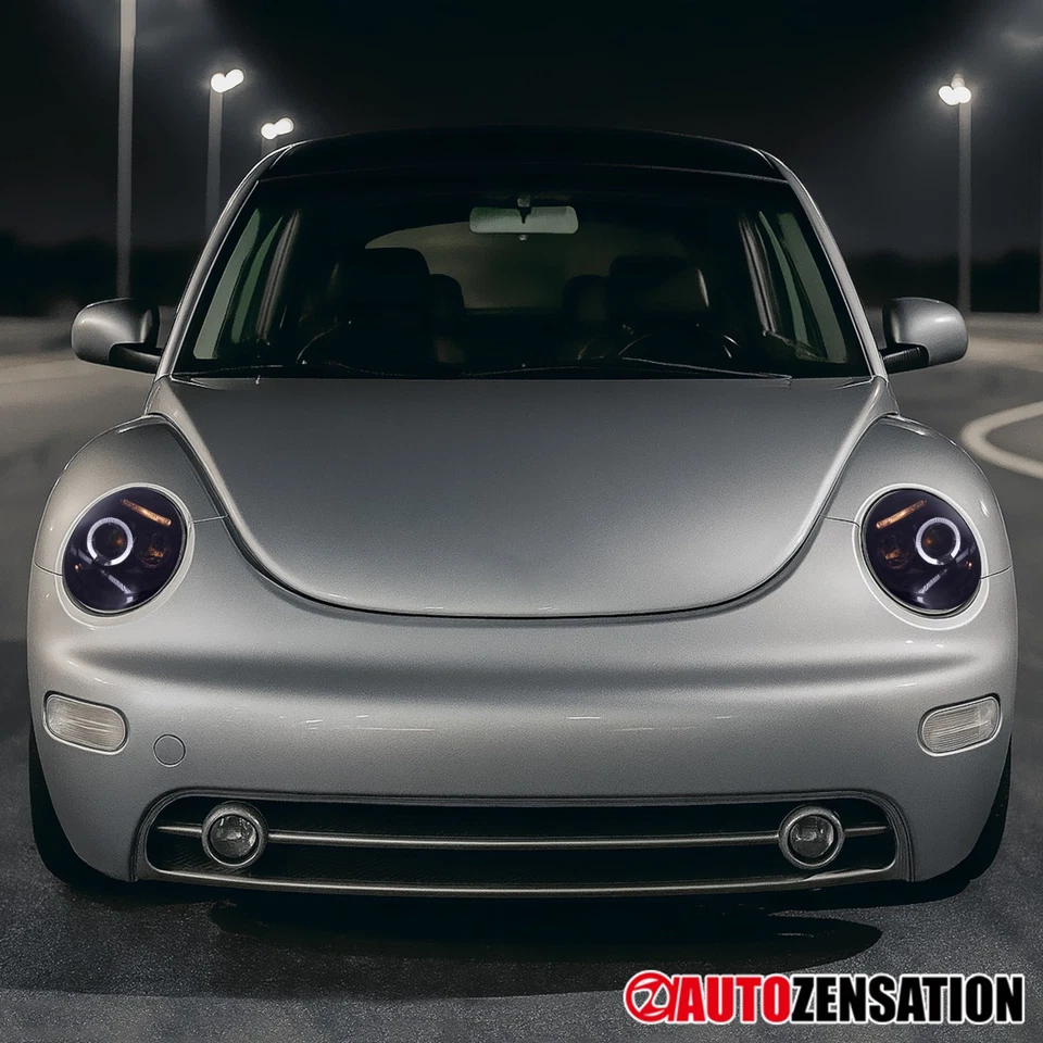 Fit 1998-2005 VW Beetle Black Smoke LED Halo Projector Headlights Left+Right - Image 2 of 4