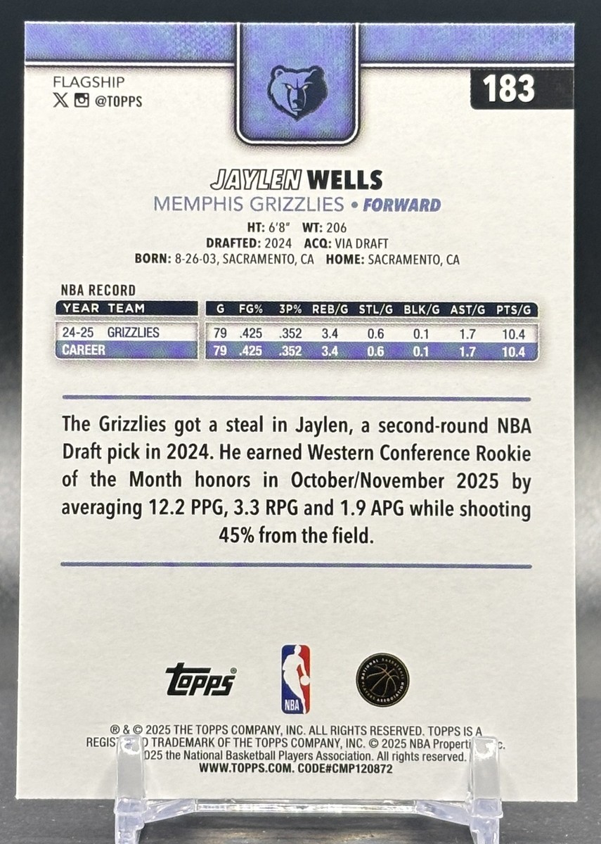 2025-26 Topps Basketball #183 Jaylen Wells Memphis Grizzlies NBA