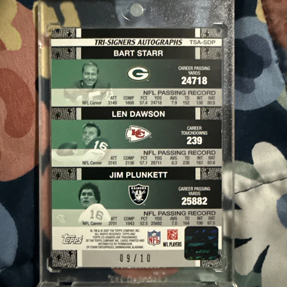 2007 Topps Co-Signers Tri-Signers /10 Bart Starr Len Dawson Jim Plunkett Auto - Image 2 of 2