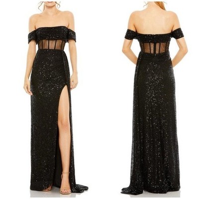 NWT Mac Duggal 11665 Off Shoulder Sequin Evening Dress Gown Sheer Corset Waist 4