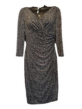 Lauren Ralph Ruched  Dress Women’s 2 Black Gray 3/4 Sleeve Body Con Midi V-Neck