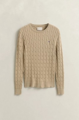 Gant Ladies Cable Knit Crew Neck Sweater Slim Fit Stretch Cotton Size L Beige