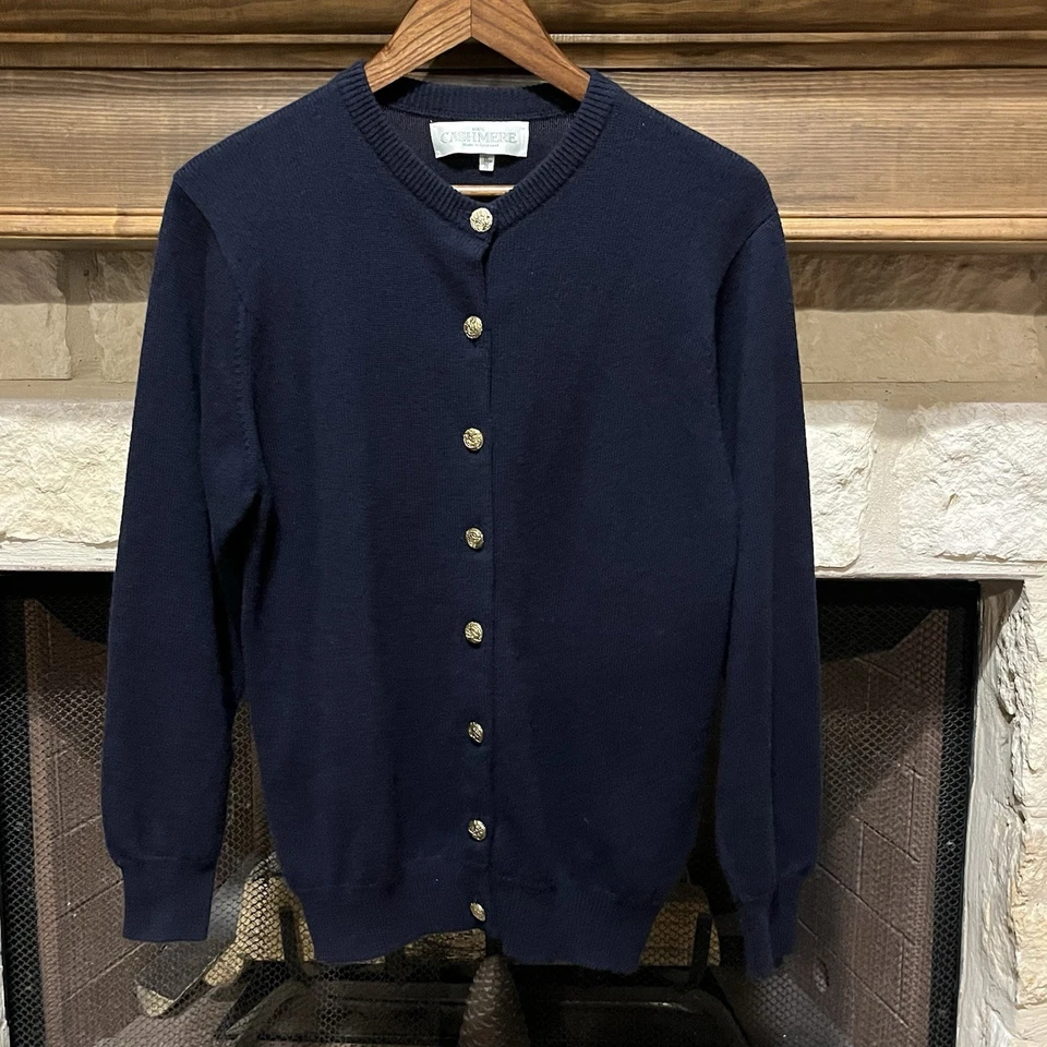 Navy Blue Cashmere Cardigan Sweater Gold Tone Buttons Made in Scotland - Image 3 of 4