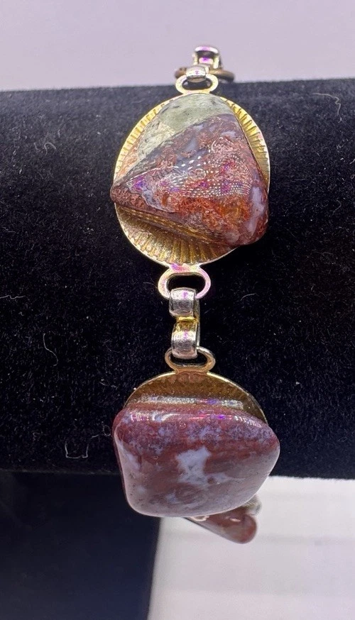 "Pulsera vintage oro marrón tonos rojos y grises piedras pulidas 7,5""" Foto 4 de 4