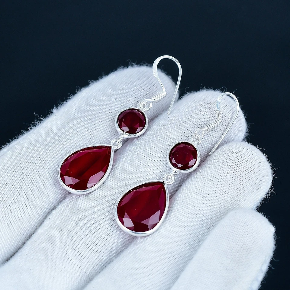 Rosso Rubino Lab-Created Gemma Artigianale Gioielli 925 Argento Orecchini Regalo - Immagine 3 di 4