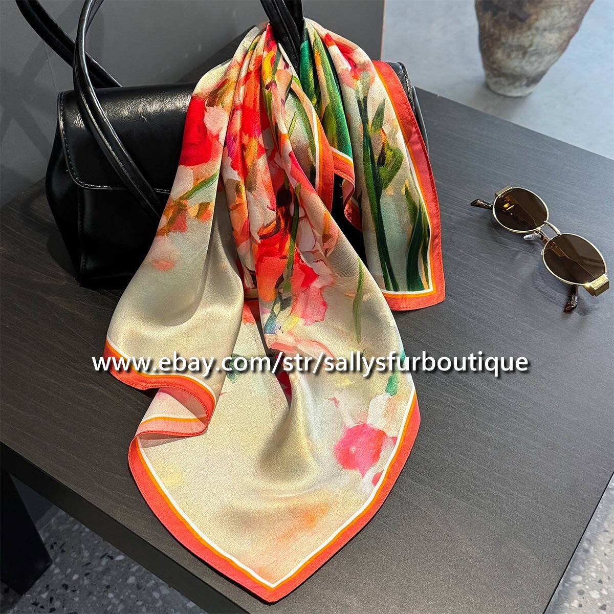 Sallys 100% Satin Silk Scarf Hairband 21 Inch Pink Green Floral Print