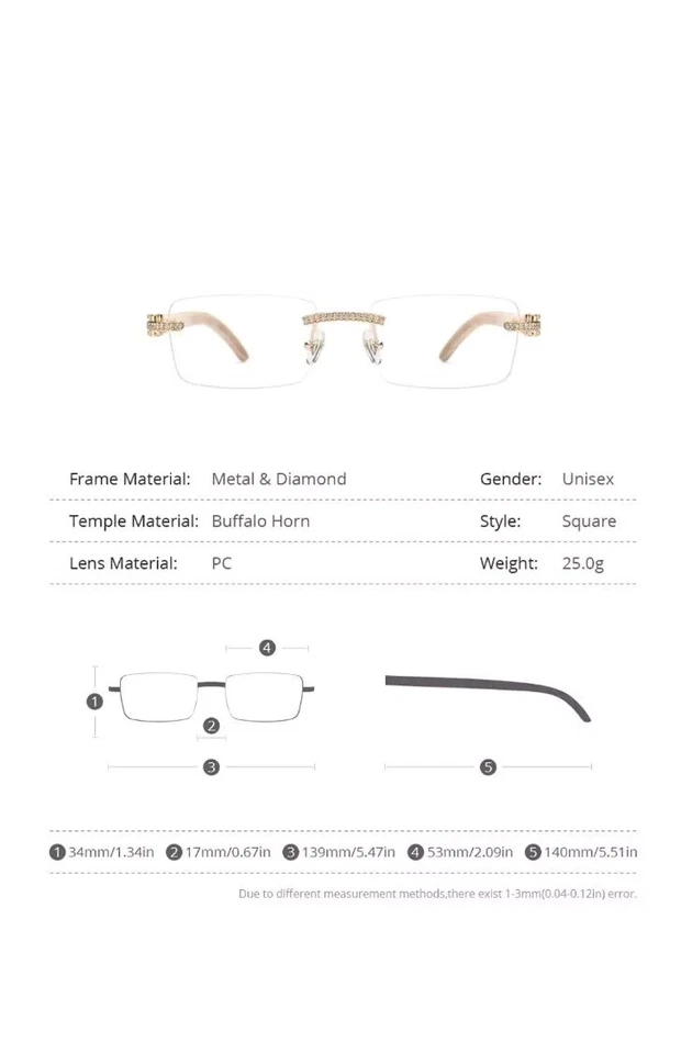 Gafas hechas a mano 100 % cuerno de búfalo sin montura diamantes Foto 4 de 4