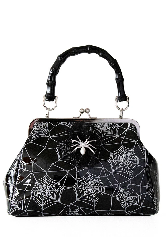 Black Retro Glitter Printed Web Spider Brooch Killian Handbag Bag BANNED Apparel - Image 2 of 3