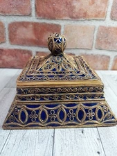 Vintage Victorian Enamel Copper Trinket Box Blue and Gold Lidded