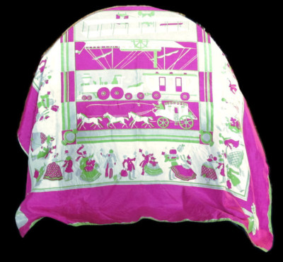 Victorian Scene Pink Scarf Carriages Bi-Plane Ship Dancing 32x34