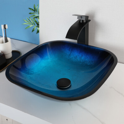 Blue Square Tempered Glass Basin Bowl Vessel Sink Mixer Tap Waterfall Faucet