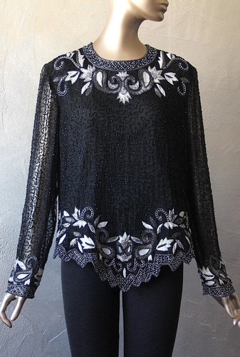 Laurence Kazar Vintage Large XL Top Black White Silver Silk Beaded Embroidered - Picture 6 of 12