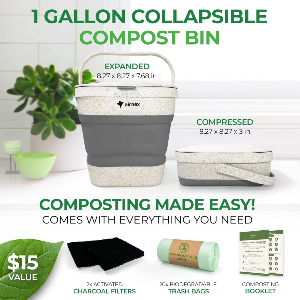 Compost Bin for Kitchen Counter - 1.0 Gallon Countertop Composter