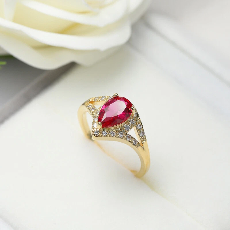 Green Red AAA Zirconia Band 18K Yellow Gold Filled Womens Wedding Ring Size 6-10 - Image 4 of 4