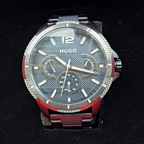 HUGO 1530304 Men's Multifunction Watch Black Dial Grey Steel Bracelet Boxed