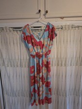 Intempo Women’s V-Neck Short Sleeve Floral Pleated Midi Dress Tie Back Size M