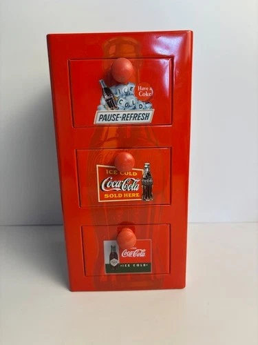 Vintage 2003 Coca-Cola Brand Three Drawer Mini Storage Unit, Tin, 10"x5"x5"