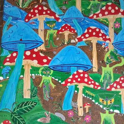 Fantasy Mushroom Forest Canvas Painting with Fantasy Creatures, Cartoon Style