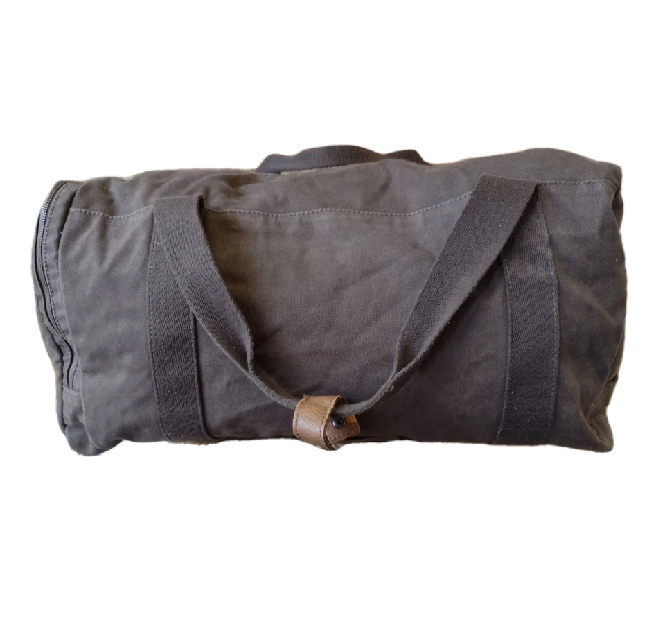 Alternative Canvas Duffel Bag Army Green Leather Trim Pinstripe Interior - Image 3 of 4