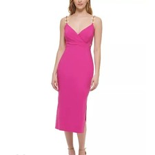 Guess Side-Cutout Midi Dress Womens 4 V-Neck Sleeveless Chain Straps Bright Pink