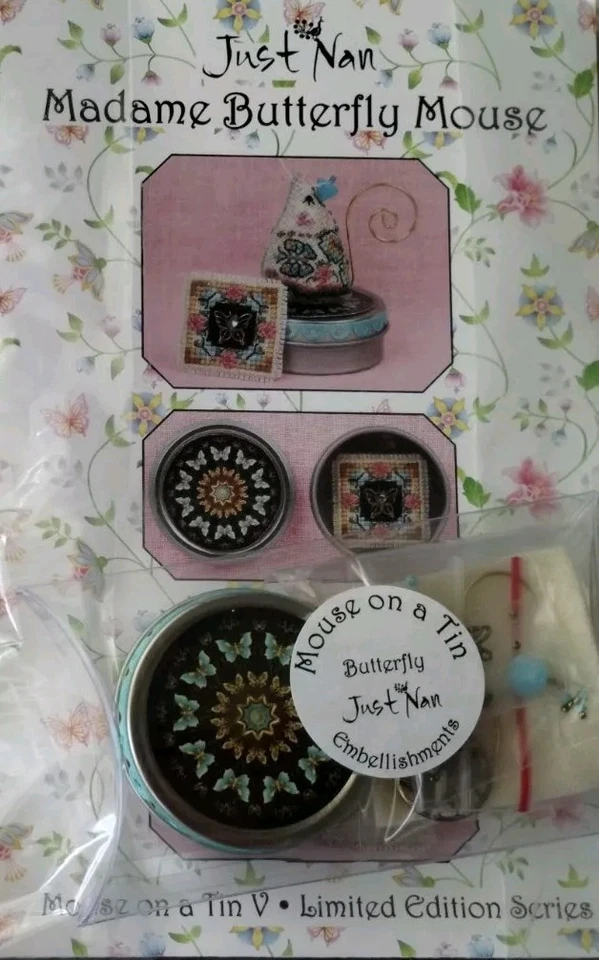 JUST NAN MADAME BUTTERFLY MOUSE ON TIN SET CROSS STITCH CHART, TIN & EMB. - Image 2 of 3