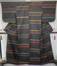 Japanese Vintage Kimono Polyester Black Traditional Authentic Length 61in