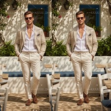 Beige Linen Men's Suits Summer Beach Wedding Groom Tuxedo Vacation Casual 2 Pec