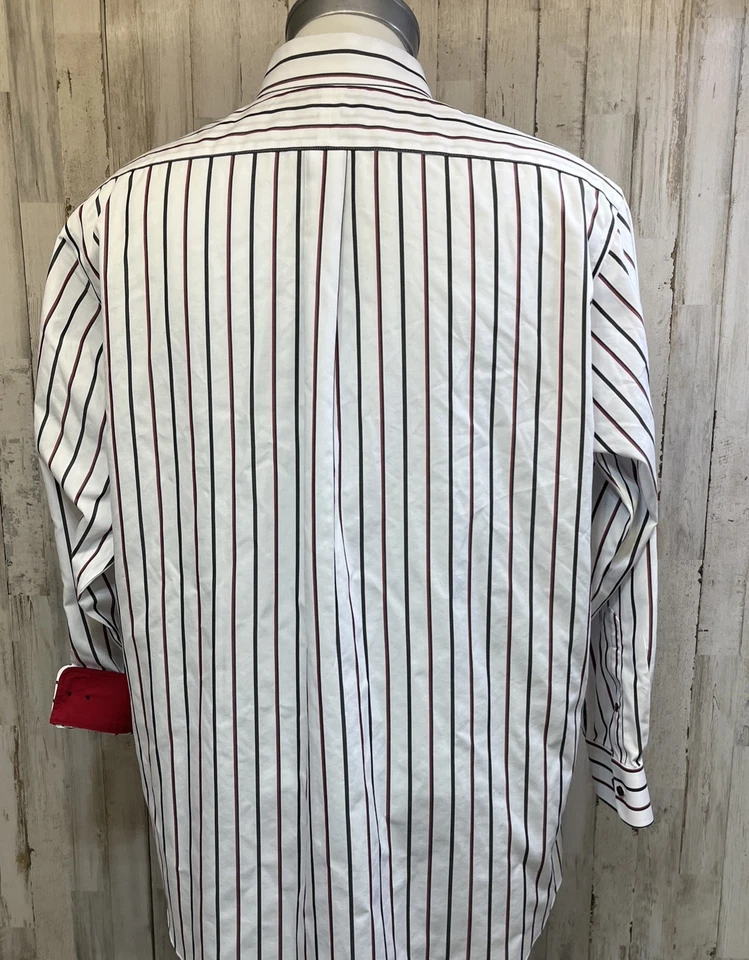 Paul Fredrick Shirt Mens Size 18x35 White Red Stripe Classic Fit Non-Iron Cotton - Image 2 of 4