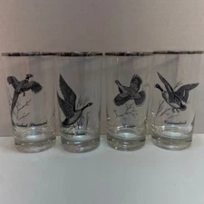 VTG Set of 4 Hunting Birds Highball Glasses Platinum Rim Pheasant Federal Glass