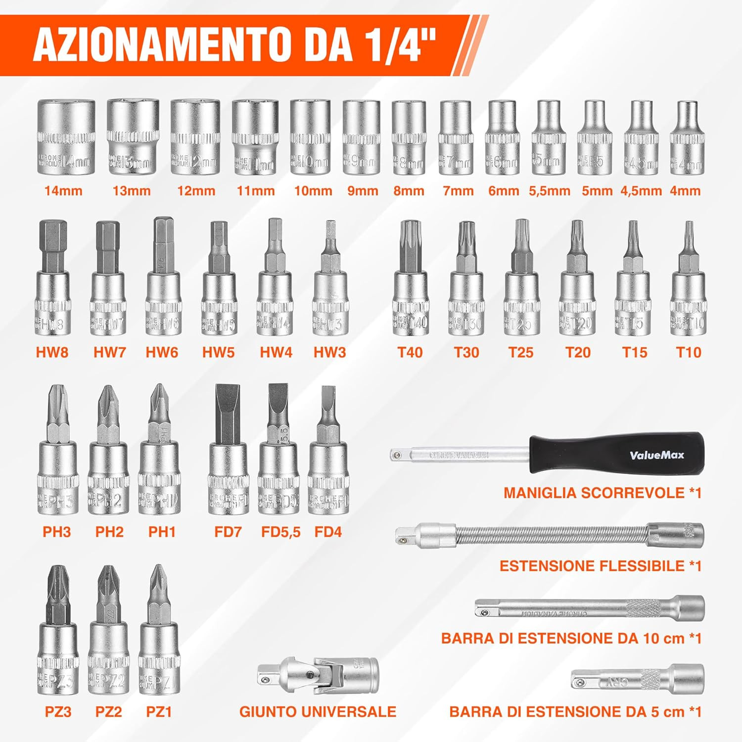 Valuemax Kit Chiavi a Bussola 1/4" Cr-V: 46 Strumenti per la Tua Passione - 4