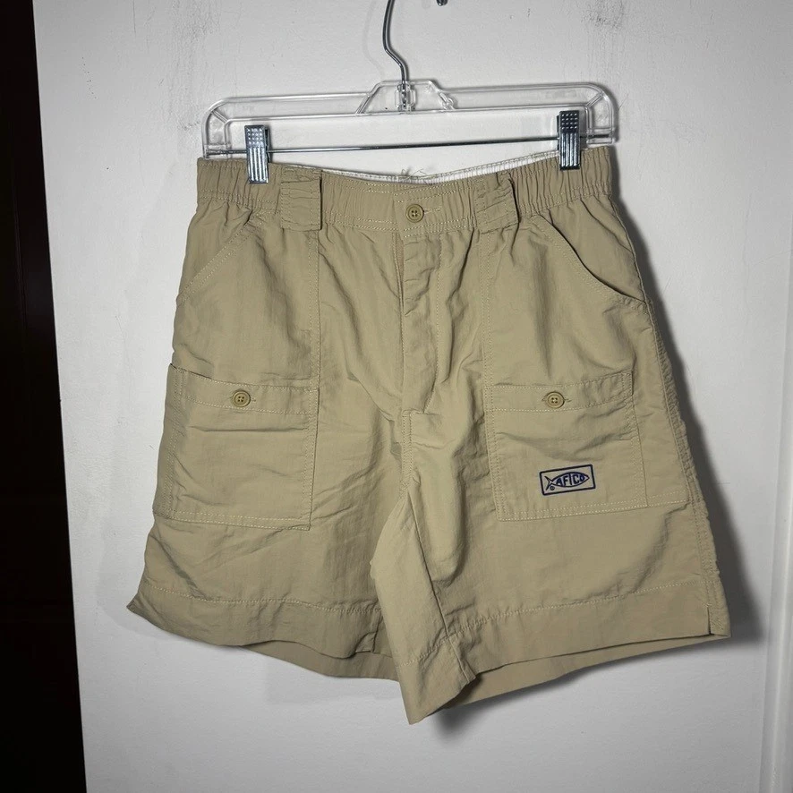 AFTCO Mens M01 Fishing Shorts Khaki Tan Nylon Elastic Waist Size 32