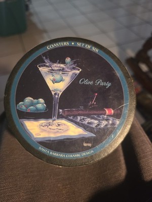 Michael Godard Art Olive Party Santa Barbara Design Ceramic Coaster Set 6 & Case