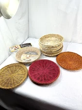 21 Vtg Woven Rattan Wicker Paper Plate HolderBamboo 9" BBQ Picnic Camping 4 NIP