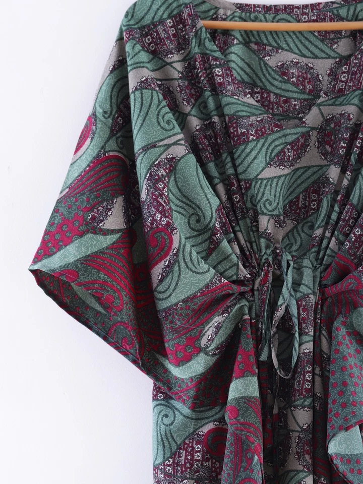 Único Vintage Crepé Seda Caftán Bohemio Vestido Largo Handmade Kimono Salón - Imagen 4 de 4