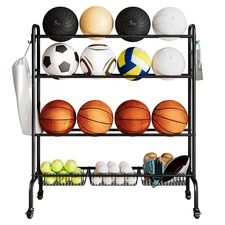 Basketball Rack, Rolling Ball Stand,Garage Organization with Wheels, Four-Lay...
