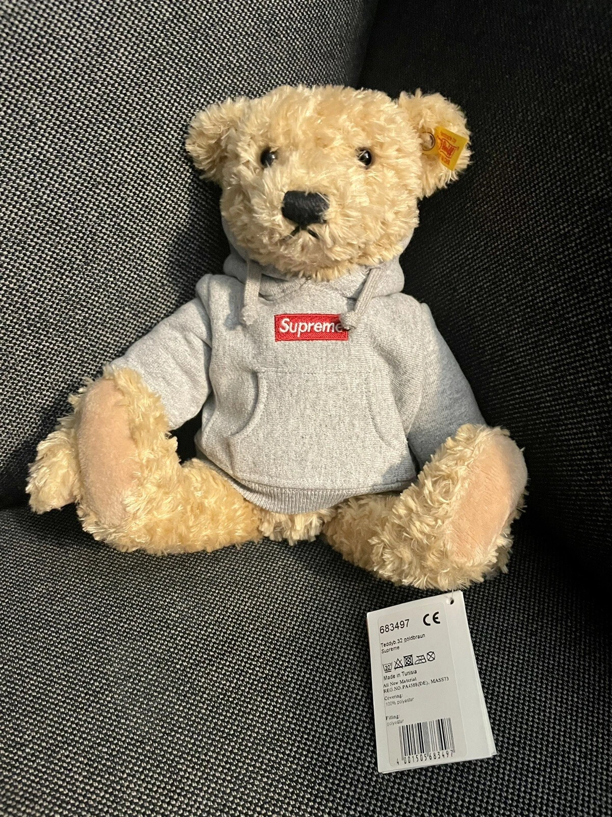 Felpa con cappuccio Supreme Steiff Bear grigio heather logo scatola rosso FW18 nuova