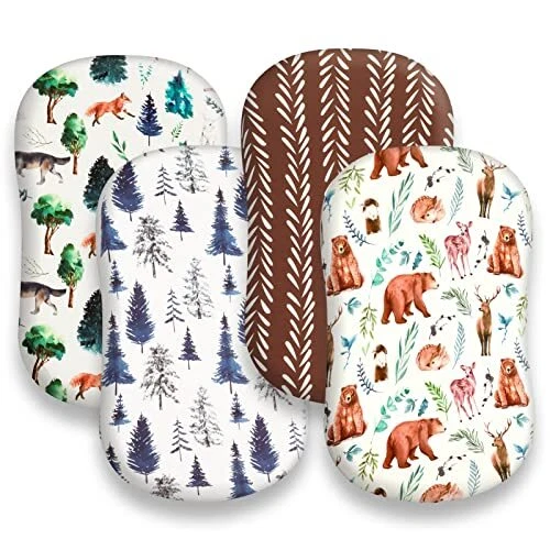 4 Pack Bassinet Sheets Woodland Forest Animals Wood Neutral Unisex