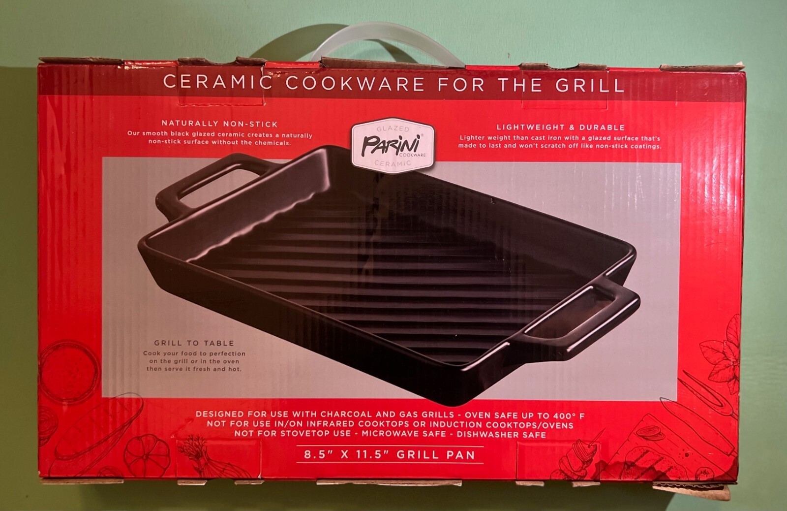 New in Box Parini Grill Pan in Glazed Black Ceramic, Cookware for