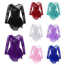 Kid Girl Leotard Sequins Dancewear Tutu-skirt Dresses Long Sleeve Jumpsuit Mesh