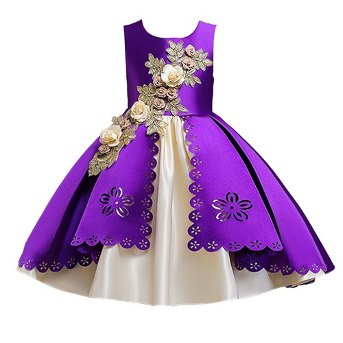 Kid Flower Girls Party Dress Princess 3D Embroidery Hollow Satin Wedding Costume - Picture 13 of 45