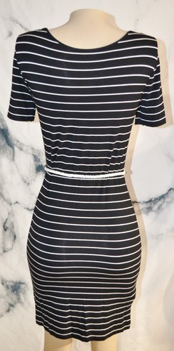 CALVIN KLEIN Black White Striped Stretch Jersey Dress 2 with Rope Belt Unlined - Picture 7 of 10