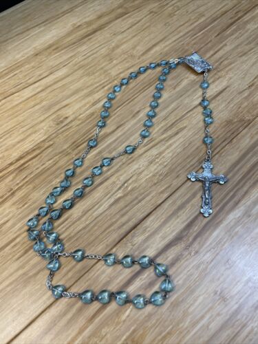 Vintage Light Blue Heart Beaded Rosary Italy Cross Crucifix Catholic KG - Afbeelding 1 van 8