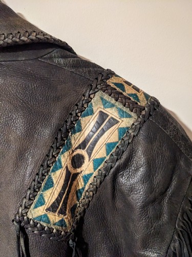 Vintage Native American Tribal Black Large Western Leather Vest Jacket - Picture 12 of 19